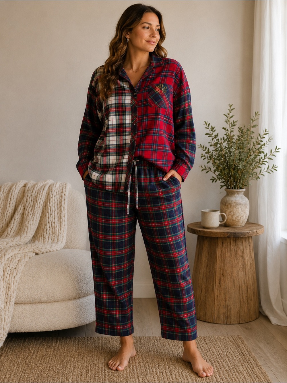 Lauren Ralph Lauren Plaid Pajama Set Large Monogram Sleepwear Preppy Lodgecore L